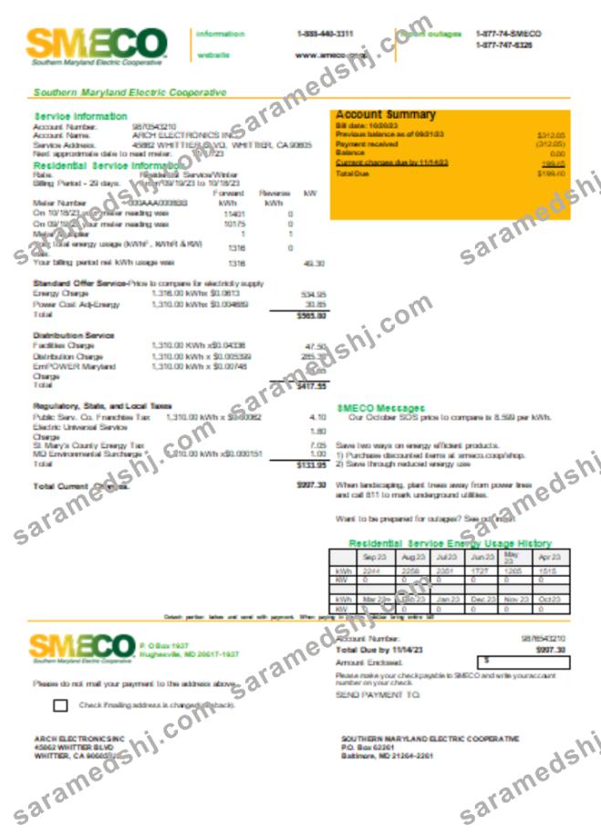 Southern Maryland Electric Cooperative - SMECO utility business bill,  SCR